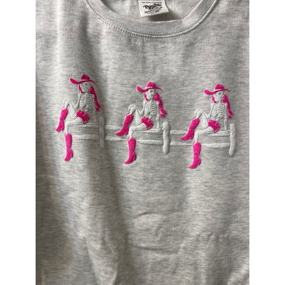 Pacific & Co Heather Gray Pink Skeleton Cowgirl Embroidered Sweatshirt XL - Picture 7 of 14